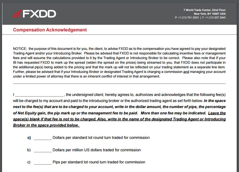 fxdd compensation acknowledgement commissions
