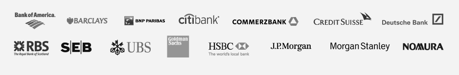 Bank of America, Barclays, BNP Paribas, Citibank, Commerzbank, Credit Suisse, Deutsche Bank, Goldman Sachs, HSBC, J.P Morgan, Morgan Stanley, Nomura, RBS, SEB and UBS