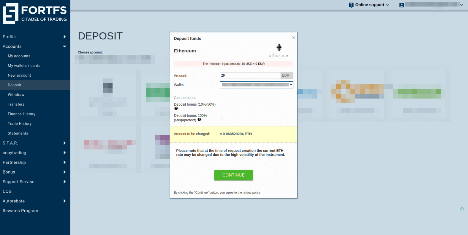 Specify the deposit amount, select the number of your ETH wallet