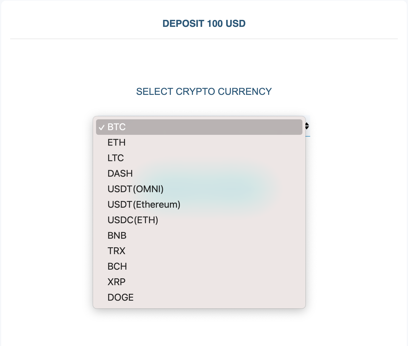 4. Select the cryptocurrency you would like to deposit in from the dropdown list.
