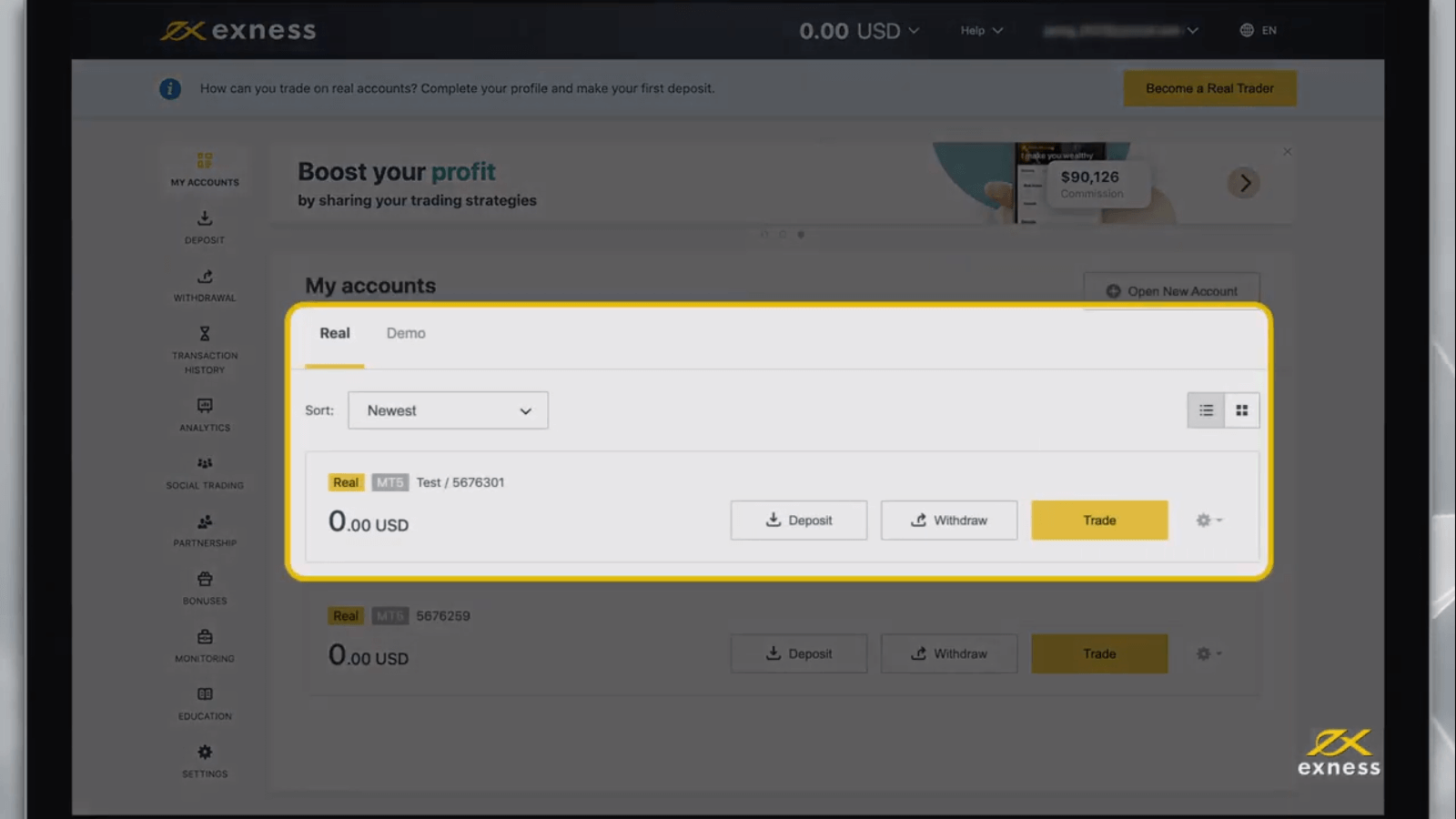 4. Your new trading account will be displayed in the My Account tab.