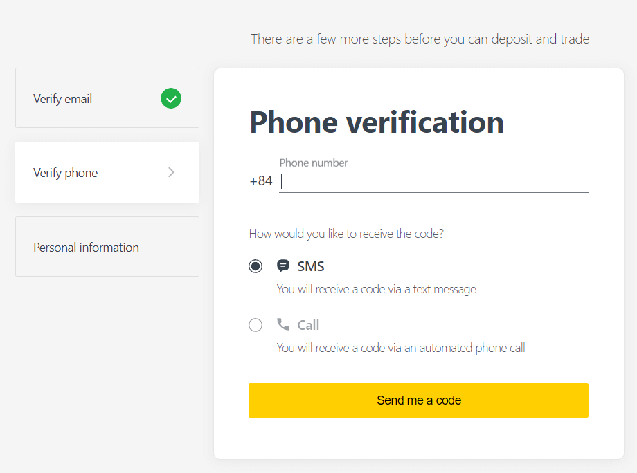 Enter your phone number and click Send me code to confirm your phone number.
