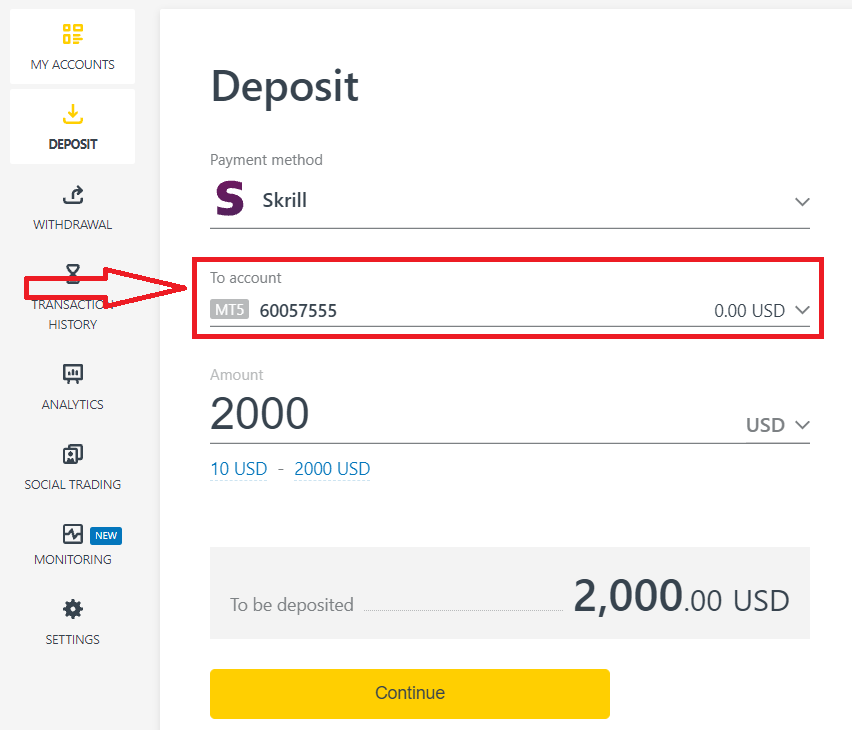 3. In the pop-up menu, select the account to which you want to deposit funds and click Continue