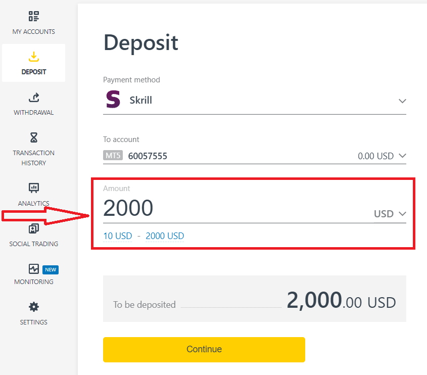 4. Enter your deposit currency and amount, then click Continue