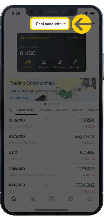 create new account on exness trader mobile app