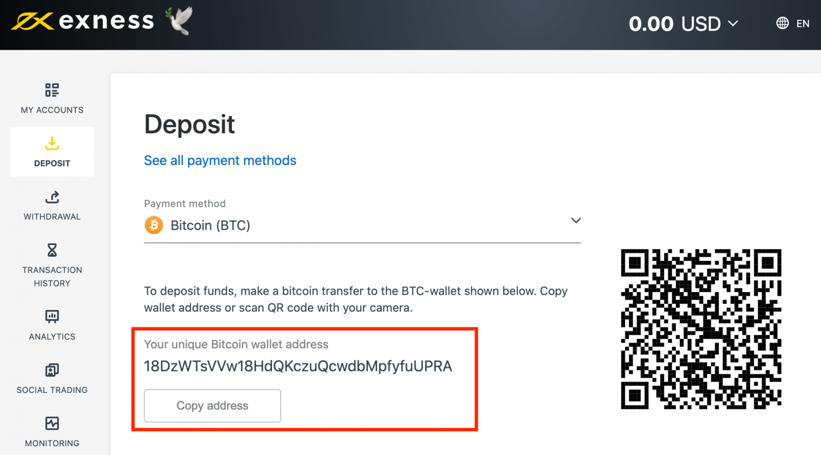 how to deposit bitcoin on exness