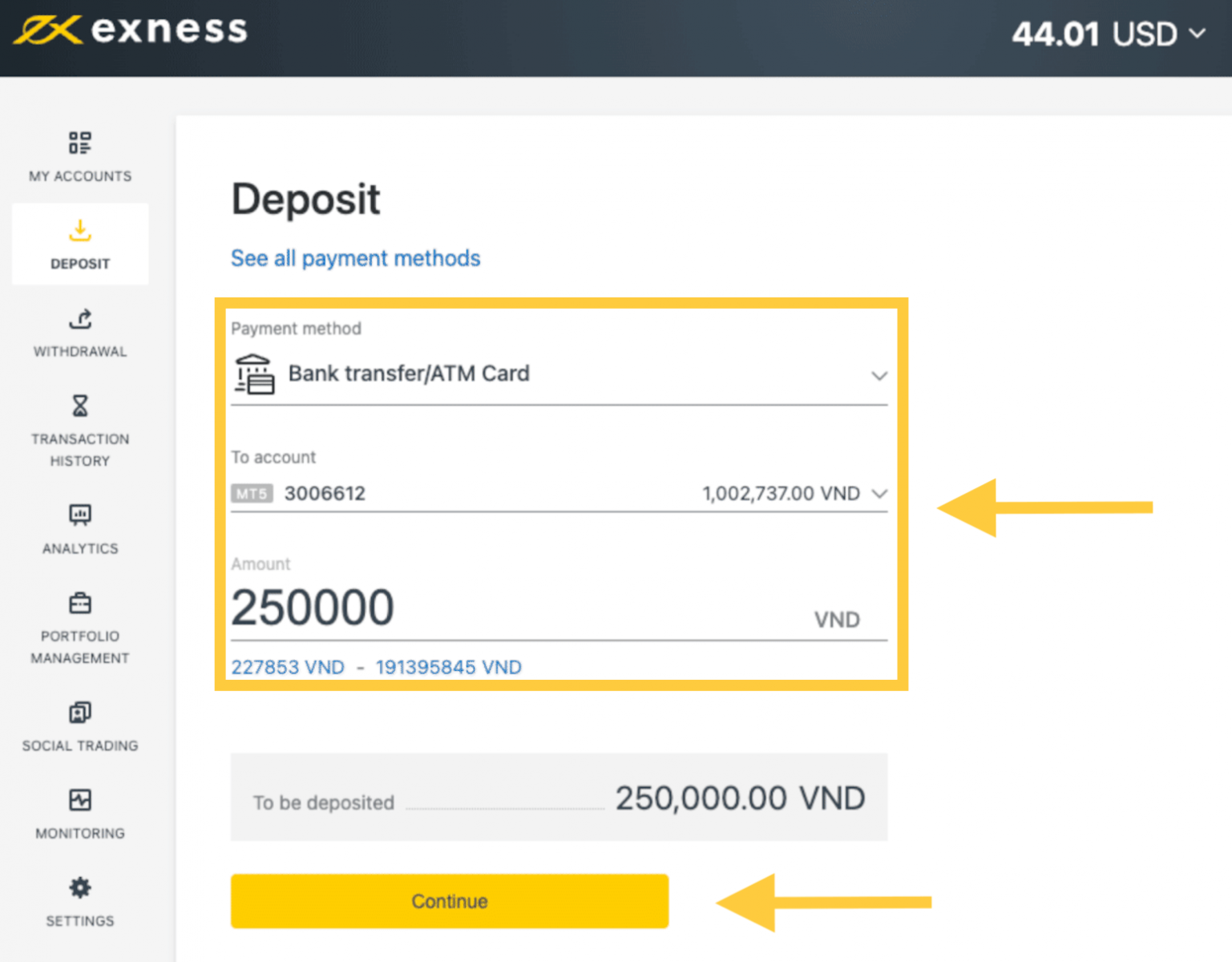 making a deposit via bank transfer to exness