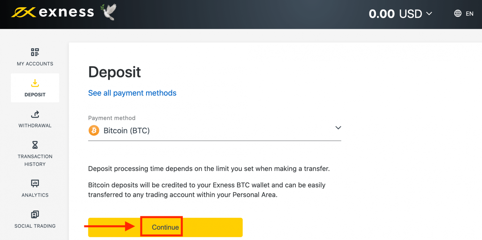 making a deposit with bitcoin to exness