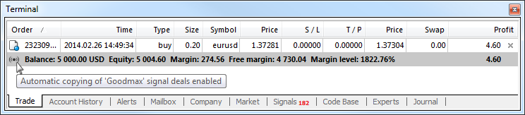 If the current trade account is subscribed to a signal, the corresponding icon is also displayed in the account state bar on Trade