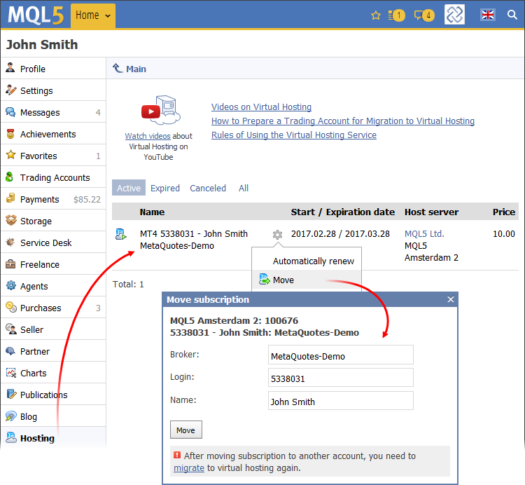 Open the trading platform and connect to the account to which the hosting was transferred. Through the context menu of the account in the 