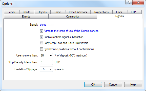 To configure the signals in the client terminal, open the settings window and move to Signals tab.