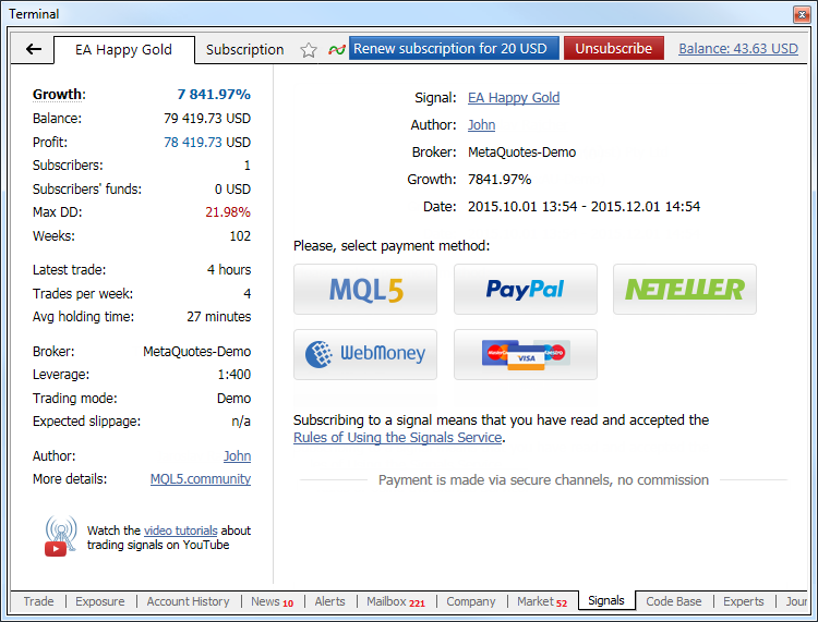 mql4 mql5 To prolong the subscription, click the button Renew subscription