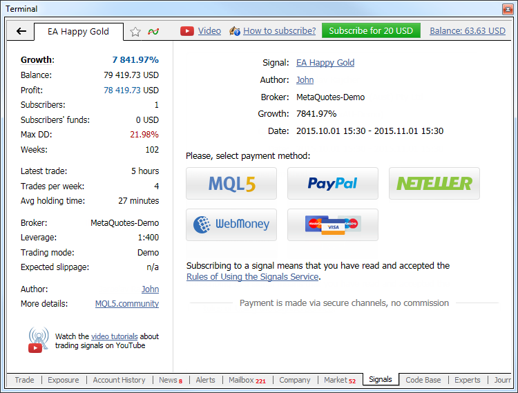 payment for mql4 mql5 signal providers